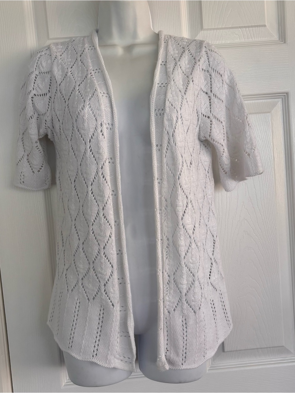 Kim Rogers White Short-Sleeve Openwork Knit Cardigan